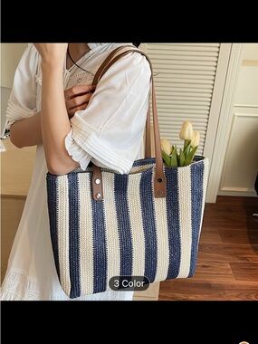 Striped Navy and Cream Tote Bag with Brown Handles